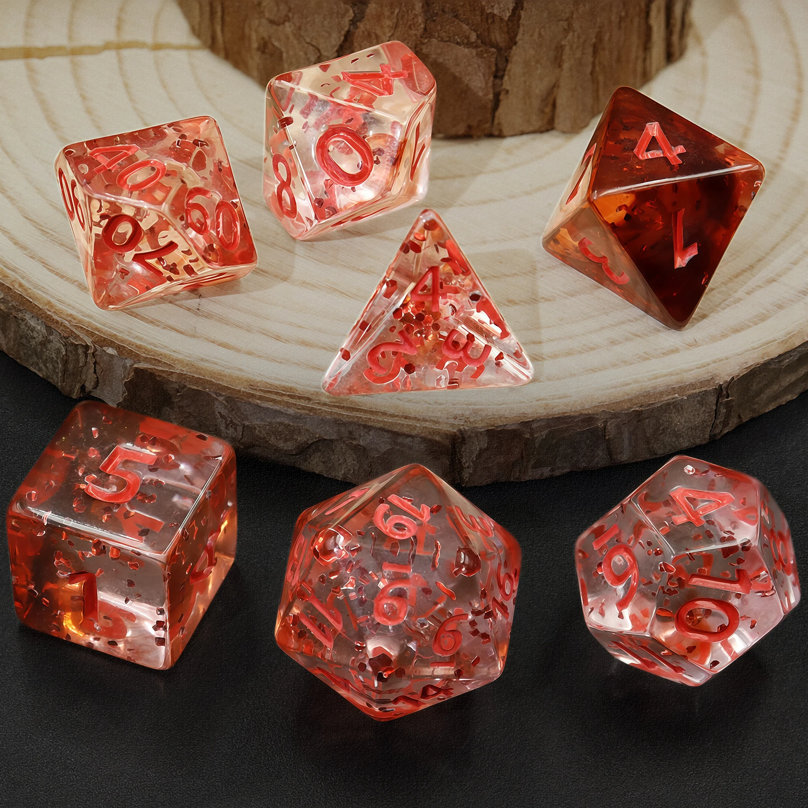 Set of 7 Dice Clear with Red Spots on the Inside Perfect for Board Game Party Supplies Gift for Game Lovers