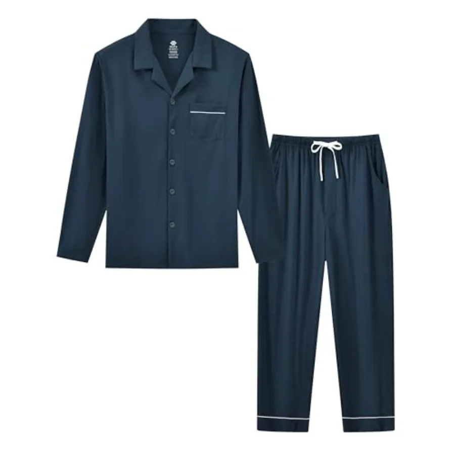 Mens Pajamas Set Soft Cotton Notched Collared Pjs for Men Long Sleeve Men's Sleepwear Loungewear Pyjama Homme