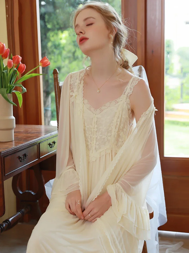 Women Spring Spaghetti Strap Nightdress Robe Sexy Backless Two-piece Vintage Princess Mesh Lace Fairy Nightgown Sleepwear