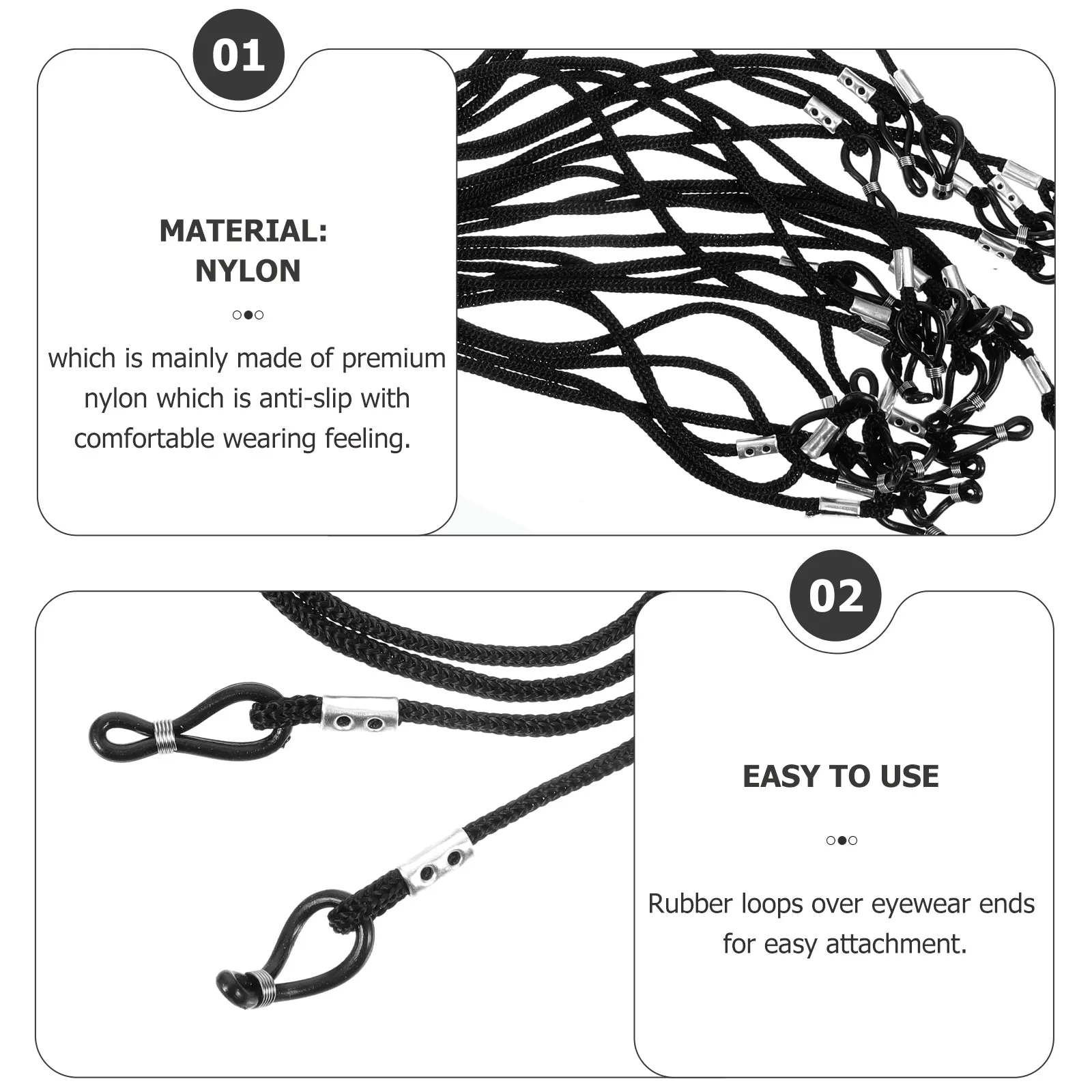 12Pcs Black Nylon Eyeglass String Anti-Slip Rubber Loop Ends for Reading Sunglasses Prescription Glasses Eyewear Cord Holder