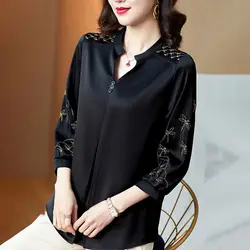 Fashion Vintage Solid Color Embroidery Shirt for Female Spring Summer Chic Button Spliced Loose V-Neck T-shirt Women's Clothing