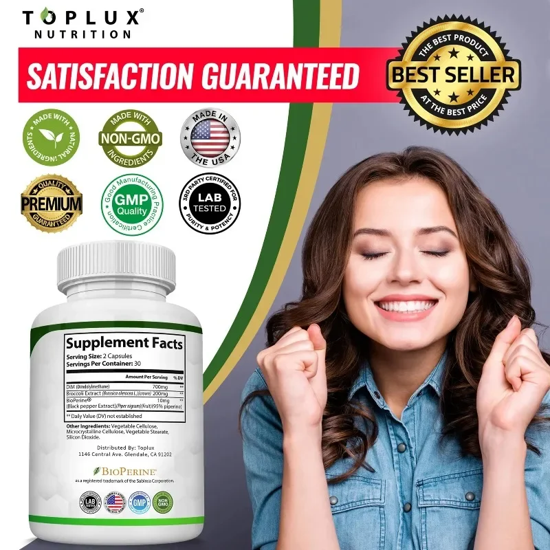 Suplemento Dim 910mg: apoya el equilibrio hormonal y el metabolismo de estrógeno, ilumina el tono de la piel, antioxidante, promueve la digestión