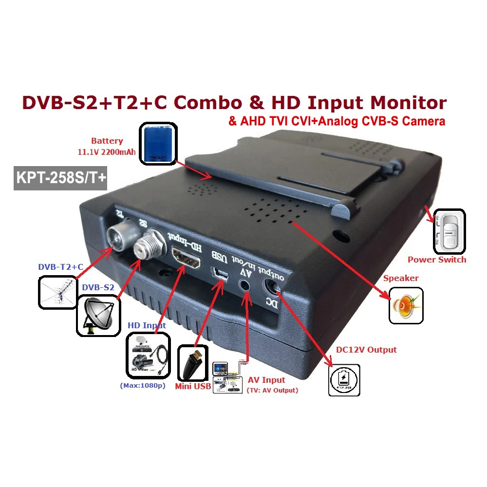 KPT-258ST S/T DVB-S2/T2 Satellite Finder Meter Receiver Signal Test Digital DVB-S2+T2+C Combo Receiver finder