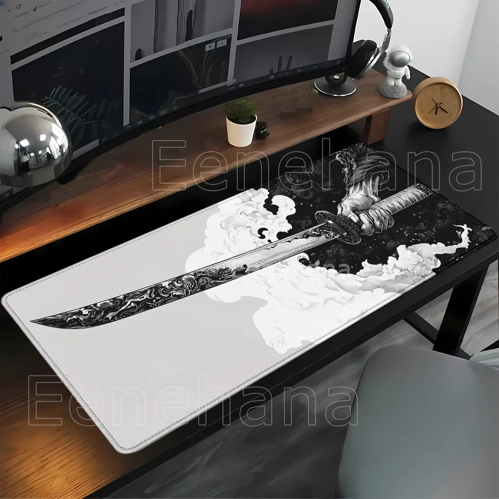 Japanisches Katana-Samurai-Mauspad, großes Computer- und Büro-Gaming-Mauspad, XXL, rutschfeste Gummi-Gaming-Tastatur-Mausmatte, HD-Druck, Schreibtischunterlage