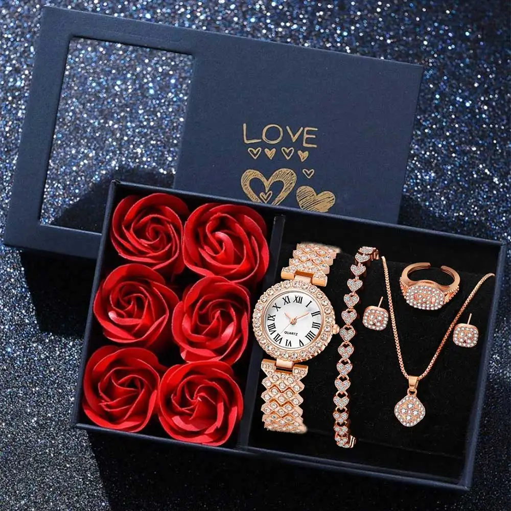 6-teiliges Luxus-Set: Trendige Quarzuhr mit römischen Ziffern, Armband, Halskette und Ohrringe – Perfektes Geschenk für Freunde oder Mütter – Detail 2