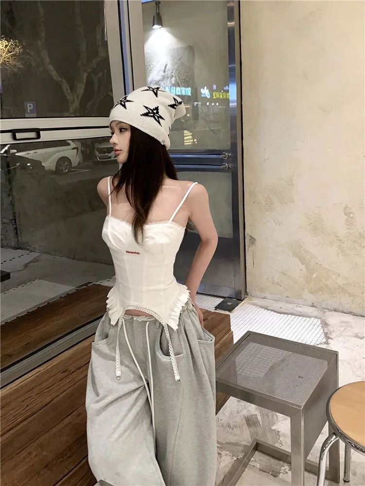 Koreanische Sle Faion Set Frauen Sommer 2025, Neue Unregelmäßige Riemen und Breite Bein Hosen Zwei Stück Set Chic Ele Lange Hosen