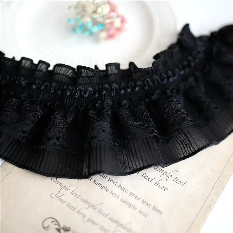 8CM Wide White Black Chiffon Stretch Lace Needlework Elastic Ruffle Trim Ribbon Frills Collar Fringe For Sewing Apparel Fabric