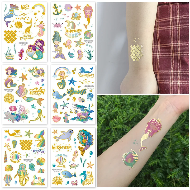 6 Sheets Waterproof Stamping Gold Unicorn Mermaid Butterfly Tattoos Stickers Temporary Flash Tattoo Disposable Cartoon Tattoos