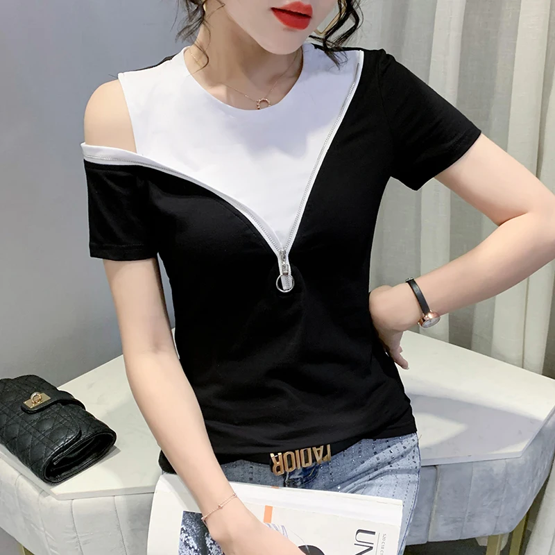 2023 Summer Korean Style Cotton T-Shirt Women Chic Sexy Off Shoulder Spliced Zipper Tops Short Sleeve Color Blocking Tees 35024