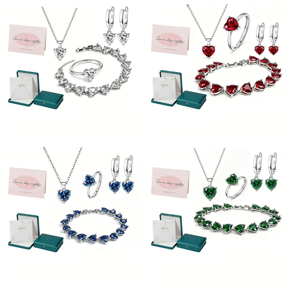 

2026 Gift Jewelry Set 925 Sterling Silver for Women Female Romantic Heart Zircon Huggie Earrings Pendant Necklace Ring Bracelet