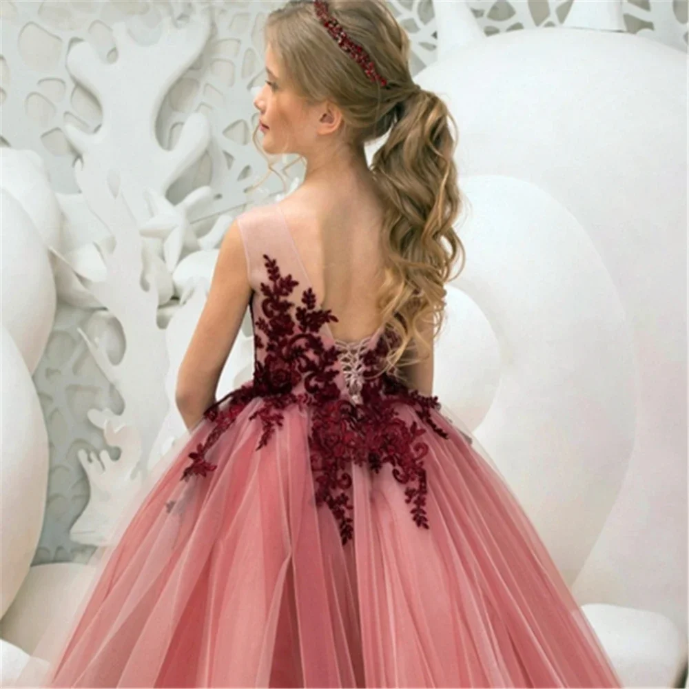 Customised Elegant Pink Flower Girl Dress Princess Ball Classical Sleeveless Tulle Fluffy Lace Printing Kids Birthday Party Gown