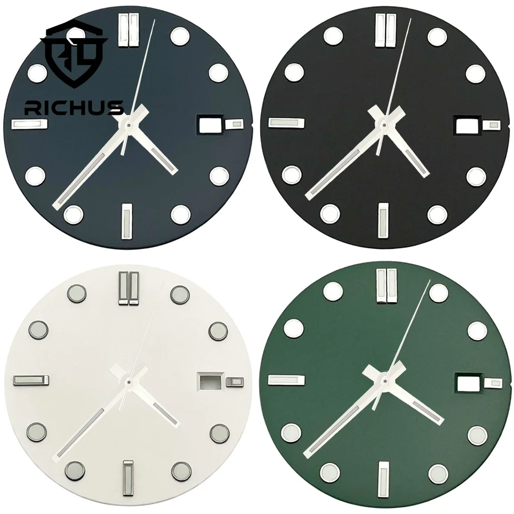 

Циферблат RICHUS NH35, 32 мм, циферблат для часов со стрелками, зеленый светящийся, подходит для NH34, NH35, NH36, аксессуары для часов с механизмом