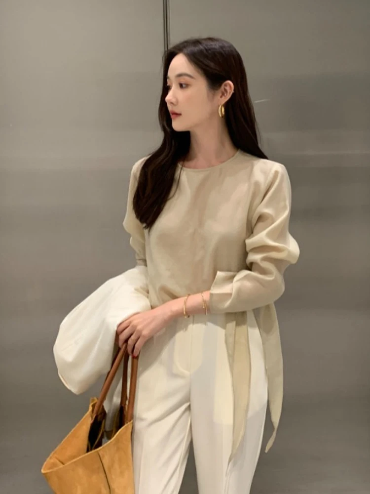 Chic Chiffon bianco irt Donna Allentato Lungo Sve rotondo Ne Design Sense Tie Top Versatile Ele Faionable Lace Trim Bl...