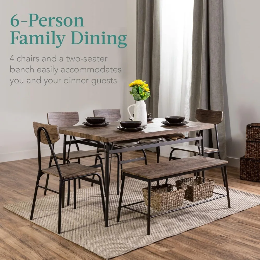 6-Piece 55in Modern Dining Set for Home, Kitchen, Dining Room w/Storage Racks, Rectangular Table, Bench, 4Chairs, Steel Frame