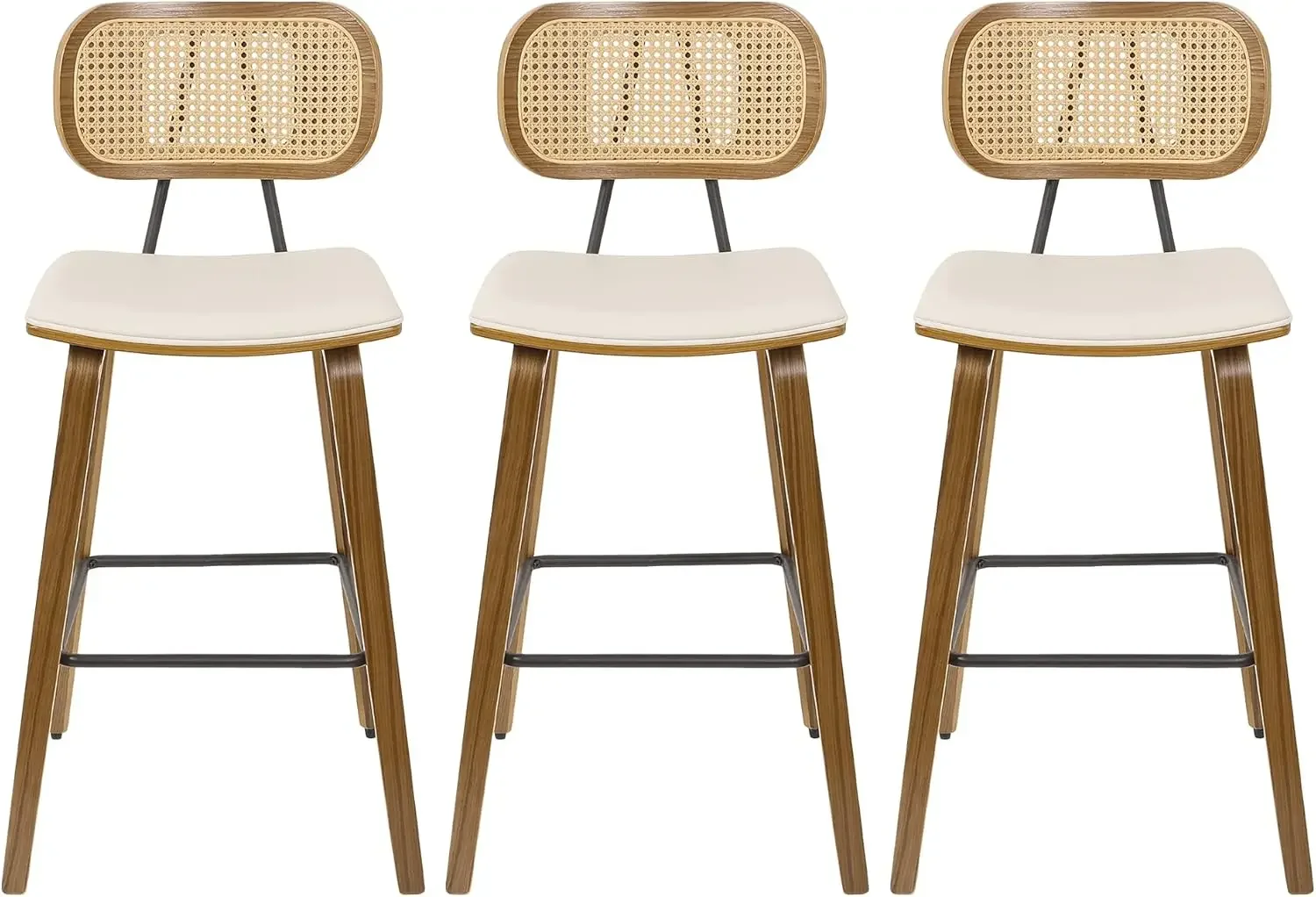 Counter Height Bar Stools Set of 3, Mid Century Modern Counter Stools, 26" Wood Kitchen Stool PU Leather Upholstered Barstool wi