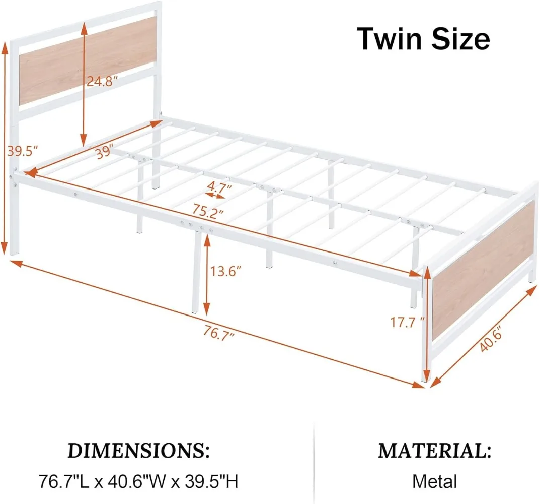 Merax Metal Platform Bed Frame with Wood Headboard and Footboard,No Box Spring Needed, Easy to Assemble,Twin Size,White