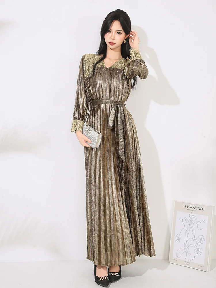 High Quality Pleated Lace Up Dresses Spring Women Long Sleeve V Neck Loose Dress Autumn High Waist Patchwork Ankle Length Dress