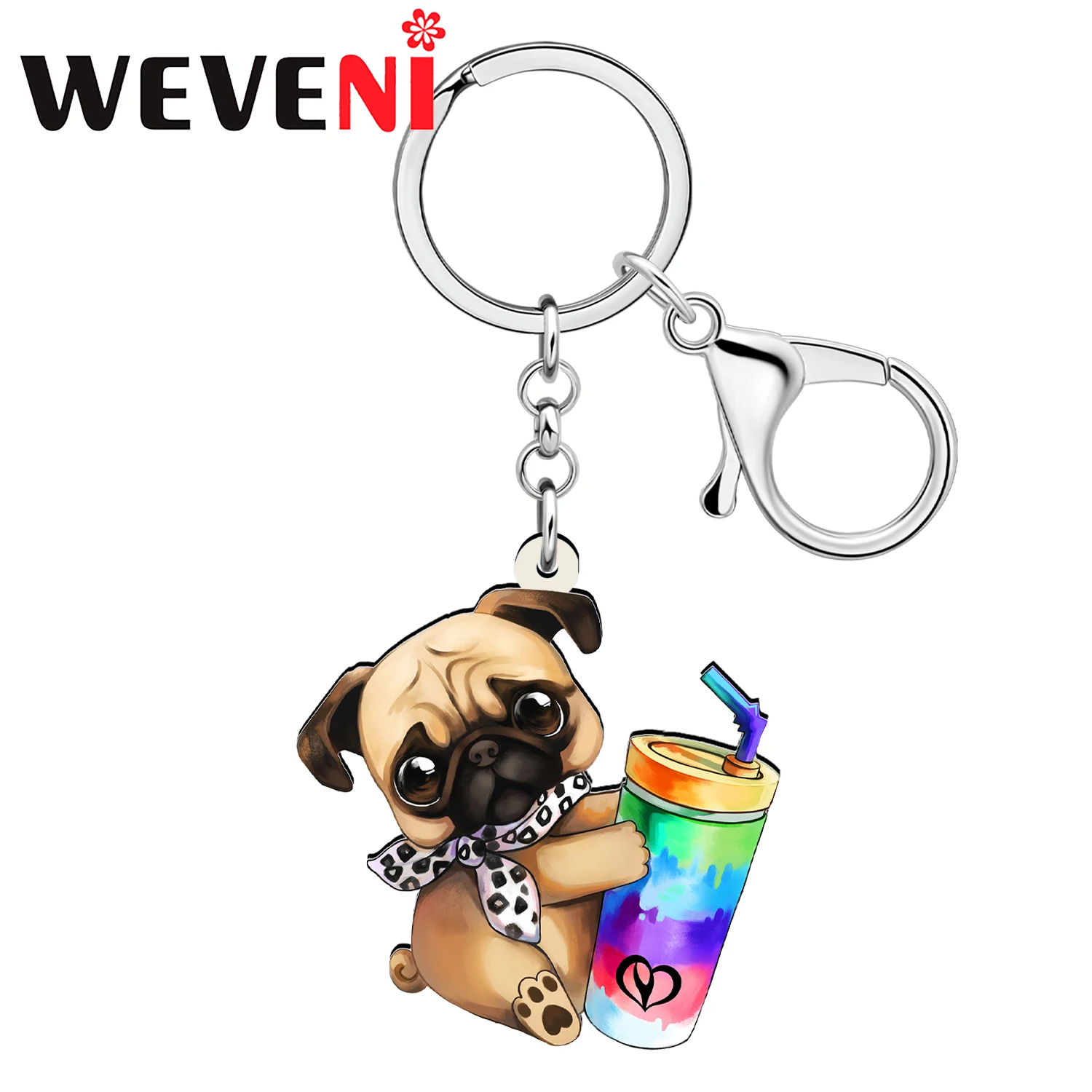 WEVENI Acrylic Novelty Keychains Jewelry Car Bag Pug Doggy Key Chain Key Ring Gifts For Women Girls Kids