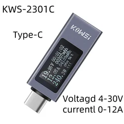 KWS-2301C Type-C Current Voltage Monitor DC 4-30V 0-12A Power Meter Tester PD Battery Capacity Digital LCD Display Meter