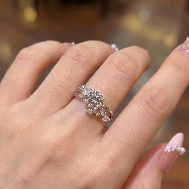 925 Sterling Silver 1ct Simulated Morganite Rings for Women Branch Marquise Zircon Split Shank Adjustable Promise Finger Jewelry