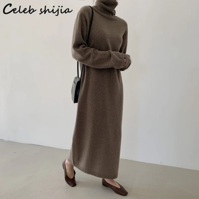 Khaki Woolen Loose Dress Woman Autumn Tall Neck Elegant Knitted Bodycon Dress Female Vintage Long Sweater Winter Clothing