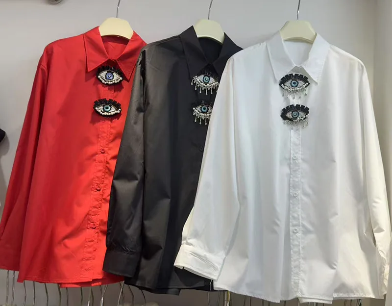 2025 Autumn Elegant White Shirt Top Cute Cartoon Eyes High-end Beaded Personality Long Sleeve Blouse for Women Camisas De Mujer