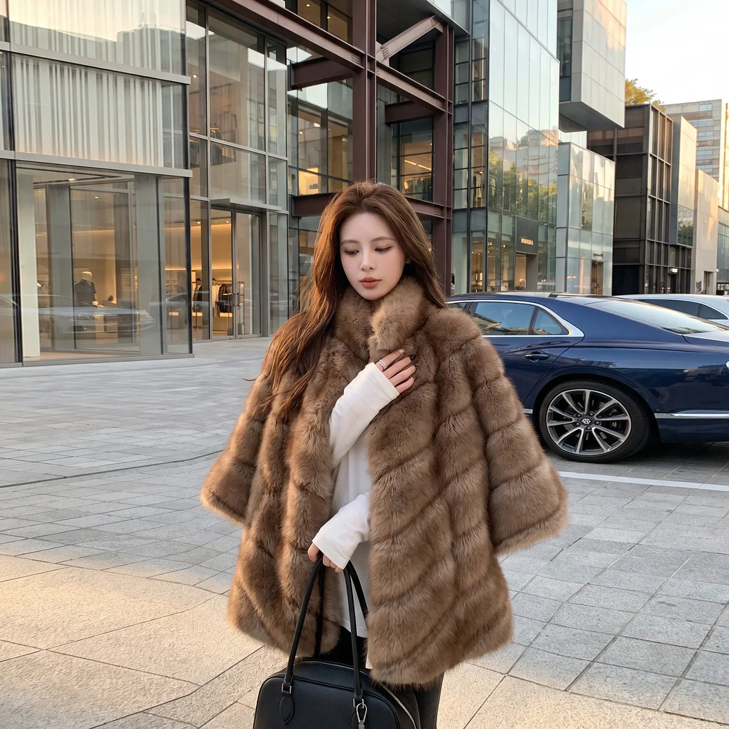 Autumn Winter Women Vintage Embrossing Stripes 3/4 Sleeve Faux fur Coat Stand Collar A-lined Warm Shaggy Jacket Outerwear