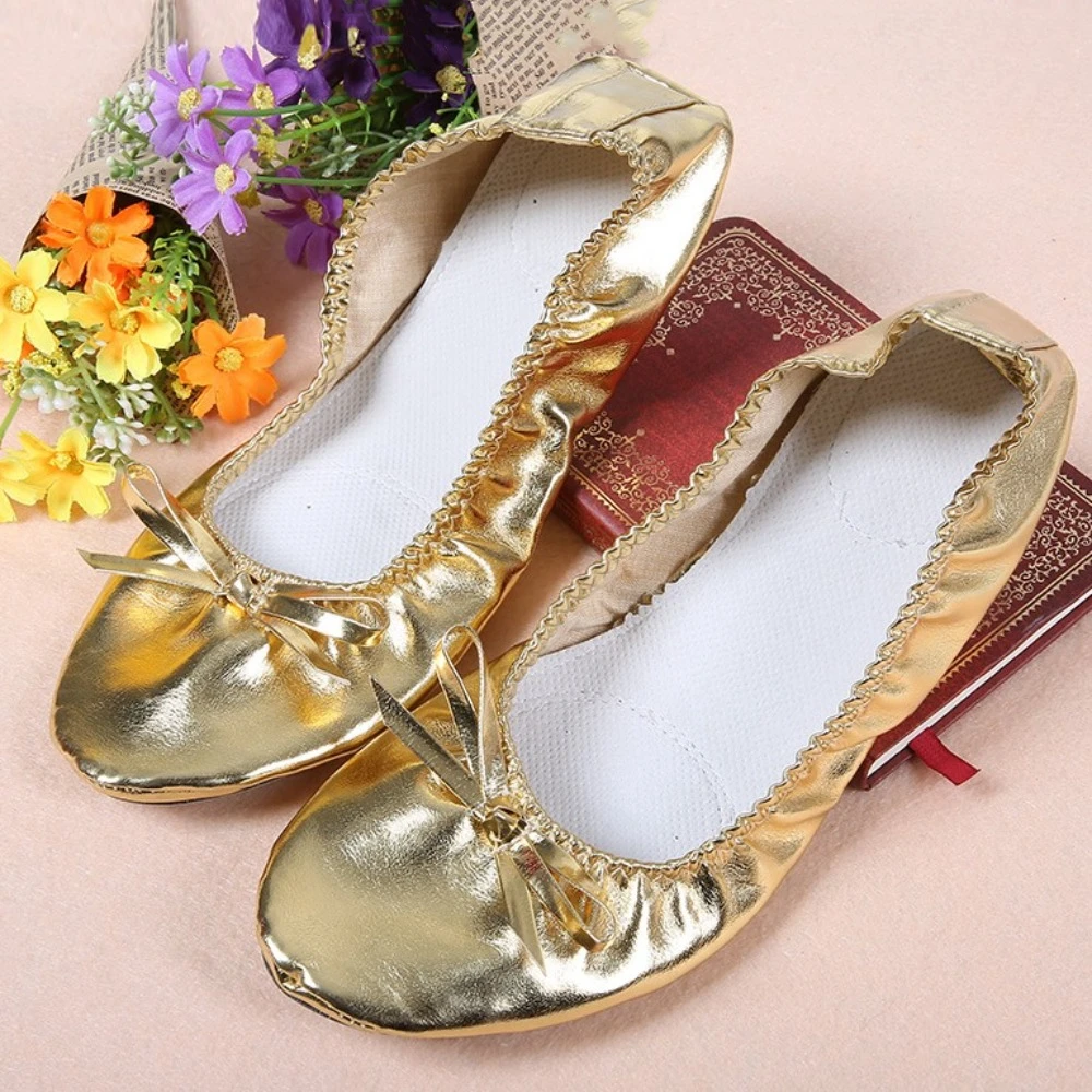 

Professional Bowknot Belly Dancing Shoes Golden Foldable Foldable Ballet Flats Round Toe Soft Ballerina Flats Stage Performance