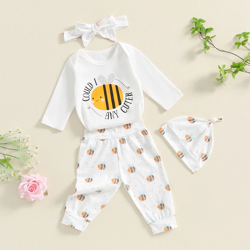 Newborn Baby Boys Girls Bee Coming Home Outfit Could I be Any Cuter Bodysuit Pants Hat Headband 4pcs Set