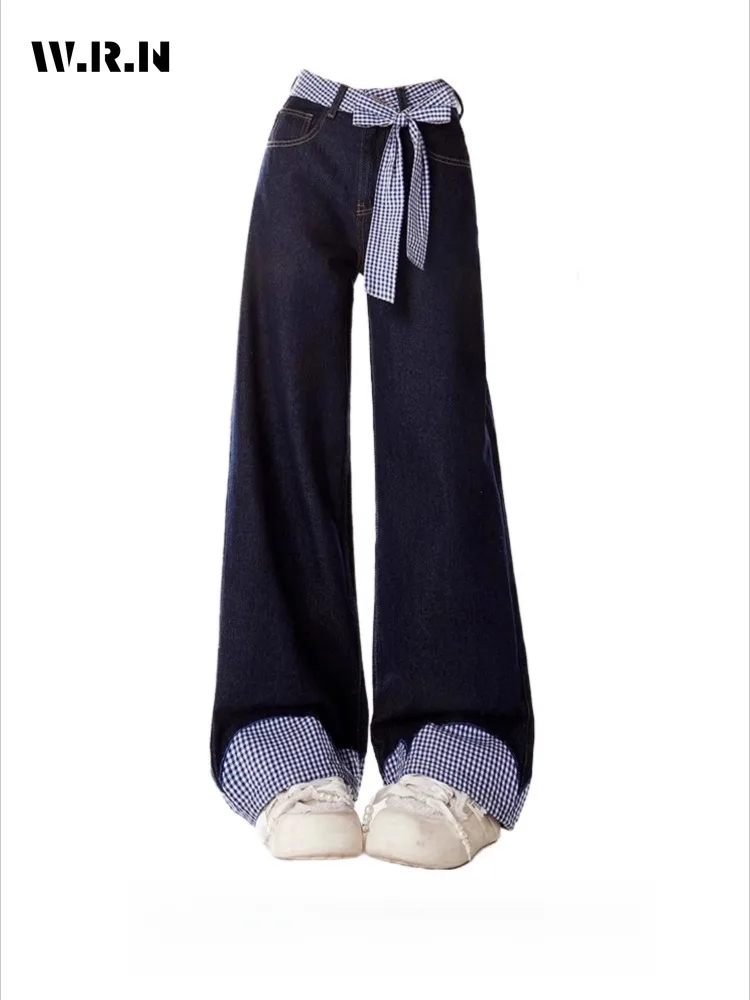 

Женские повседневные мешковатые клетчатые лоскутные джинсовые брюки в стиле эмо, свободные джинсы в стиле ретро в полный рост, 2025 г., зимние прямые брюки Y2K 2000-х годов