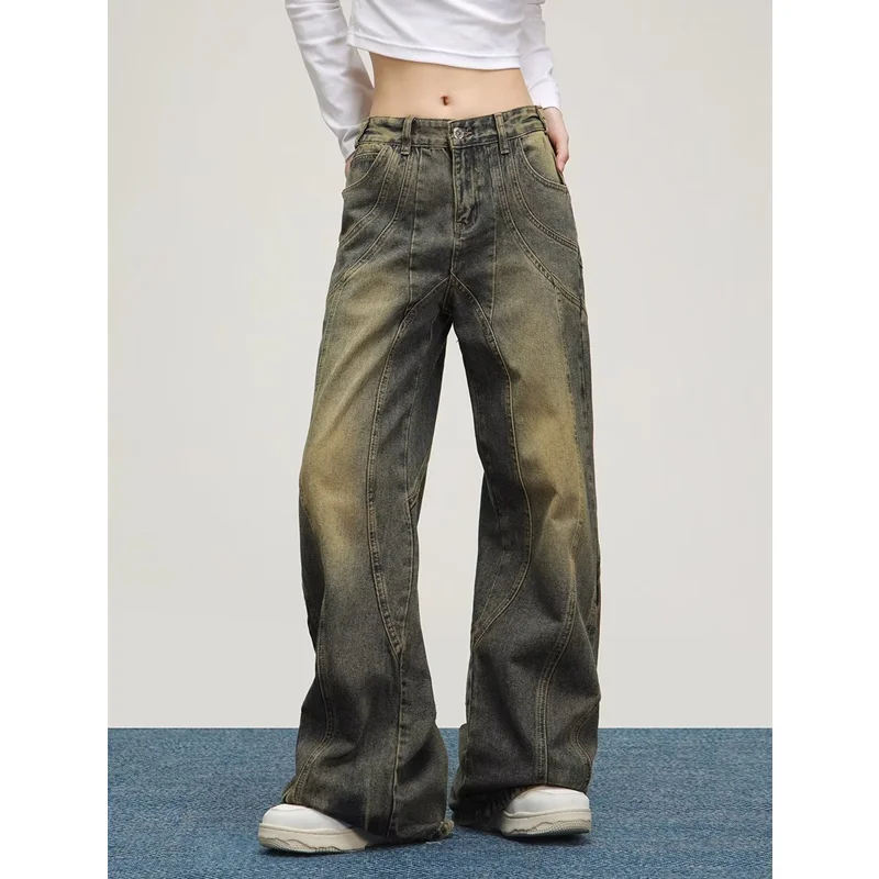 

High Waist Yellow Mud Color Women Jeans Vintage Straight Baggy Denim Pants Streetwear Sense of Design Wide Leg Denim Trouser