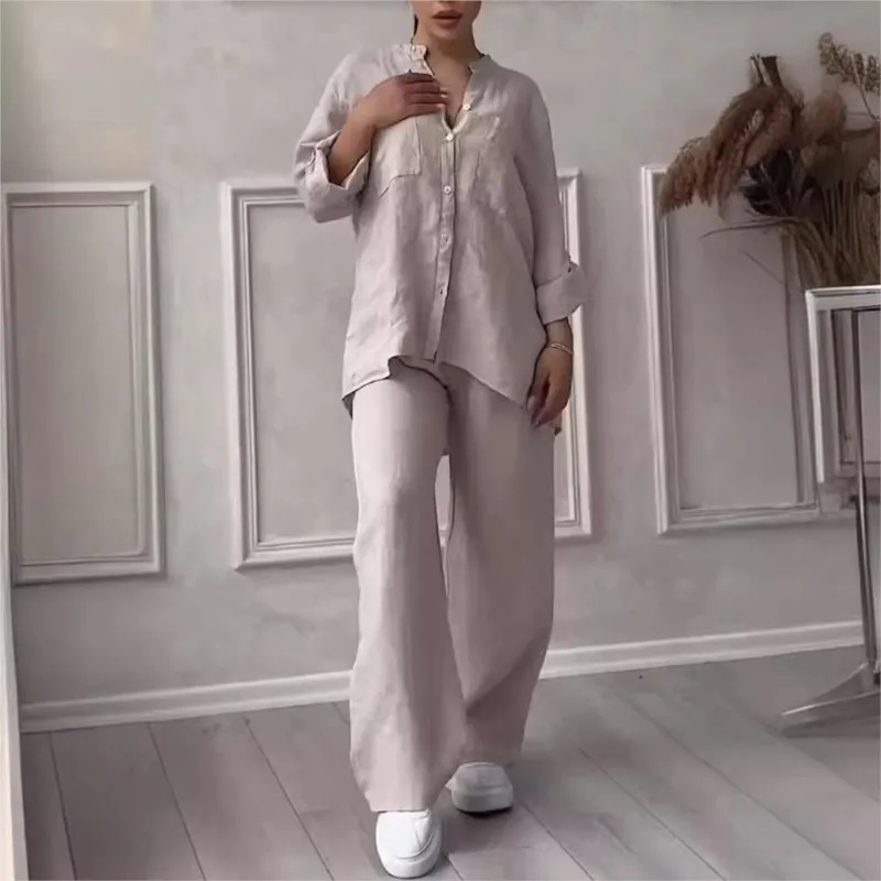 Two Piece Sets Loose Long Sleeve Shirts Wide Leg Pants 2 Piece Set Fashion Women Spring Autumn Office Shirts Pant Suit Outfites