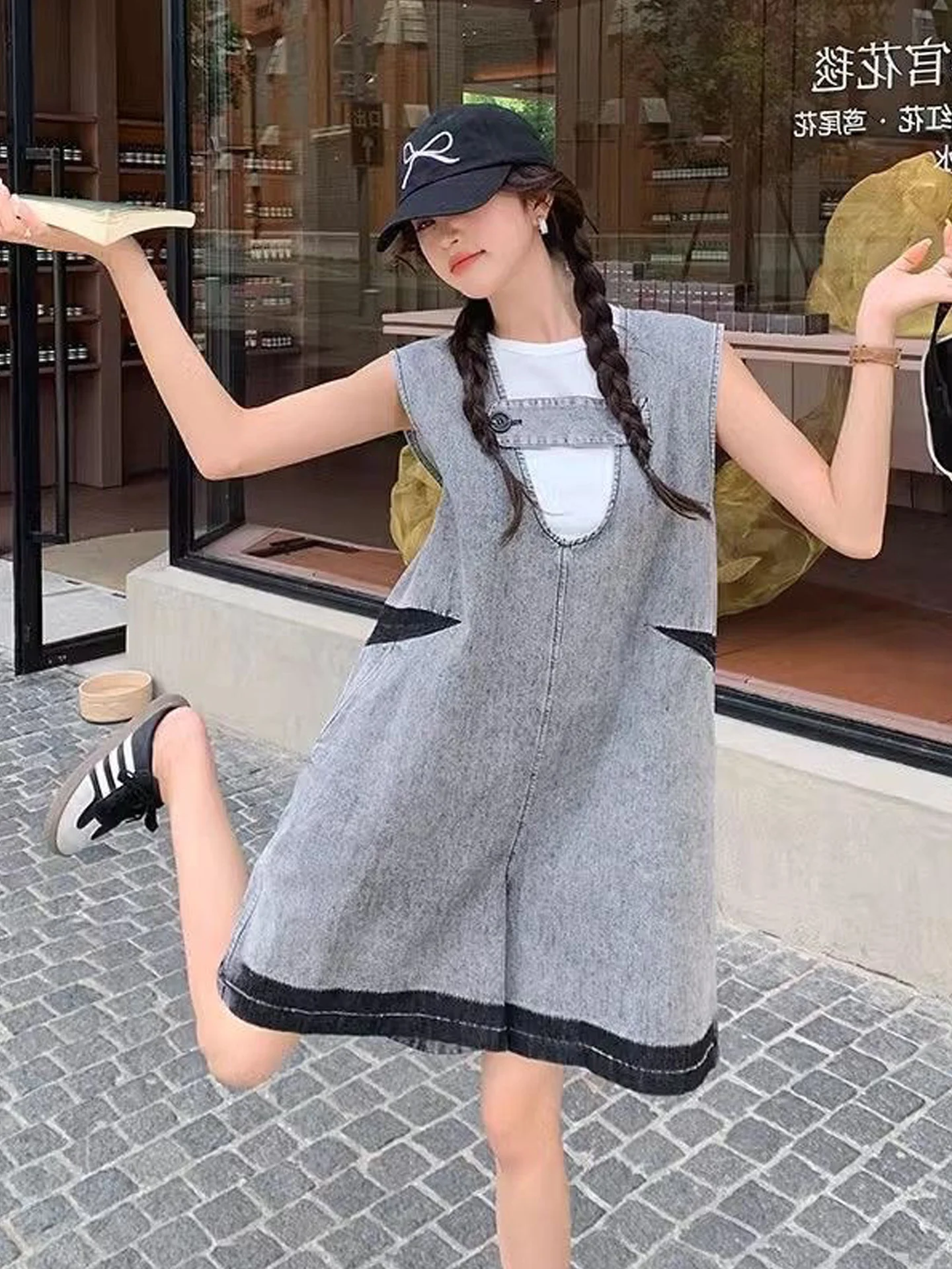 Retro Hong Kong Style Women's Denim Overalls Loose Casual High Waist Straight Leg Jeans Blue Washed out Slimming Youthful