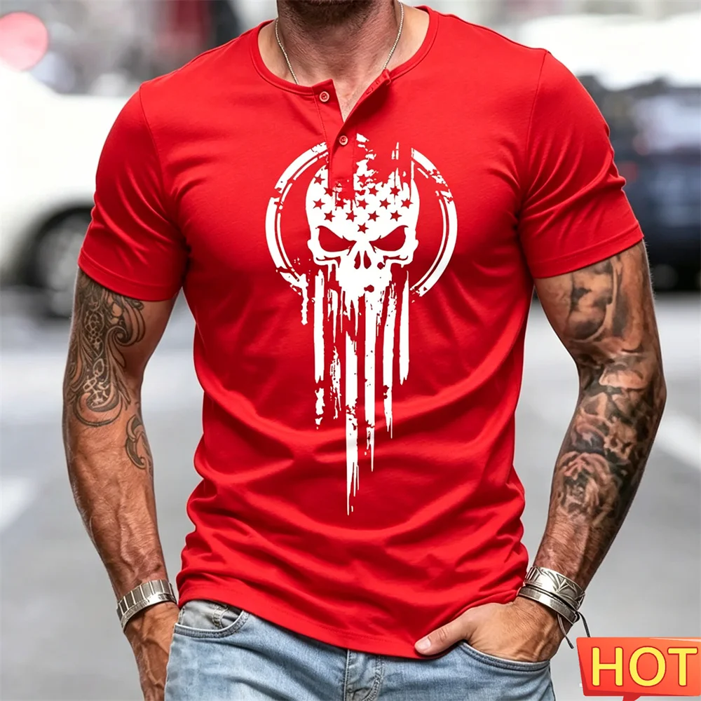 Summer Men's button up T-shirt skull pattern Tshirt Men's Sports Henry shirt Hip Hop Street Clothing Top Casual T-shirt for man