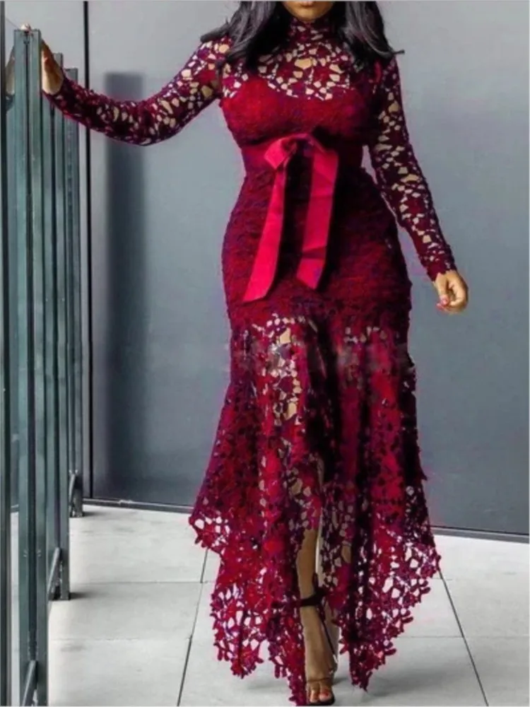 New Spring Autumn Dress Elegant French Lace Stand-up Collar Puff Sleeve Pullover Dress Waist Slimming Long Dress