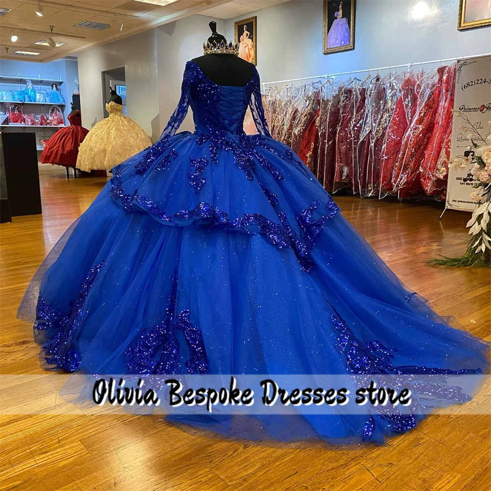 Glanzend Koningsblauw Lange Mouwen Quinceanera Jurk Kralen Appliques Ruche Baljurk Voor Verjaardag Vestidos De 15 Quinceañera Azul Rey