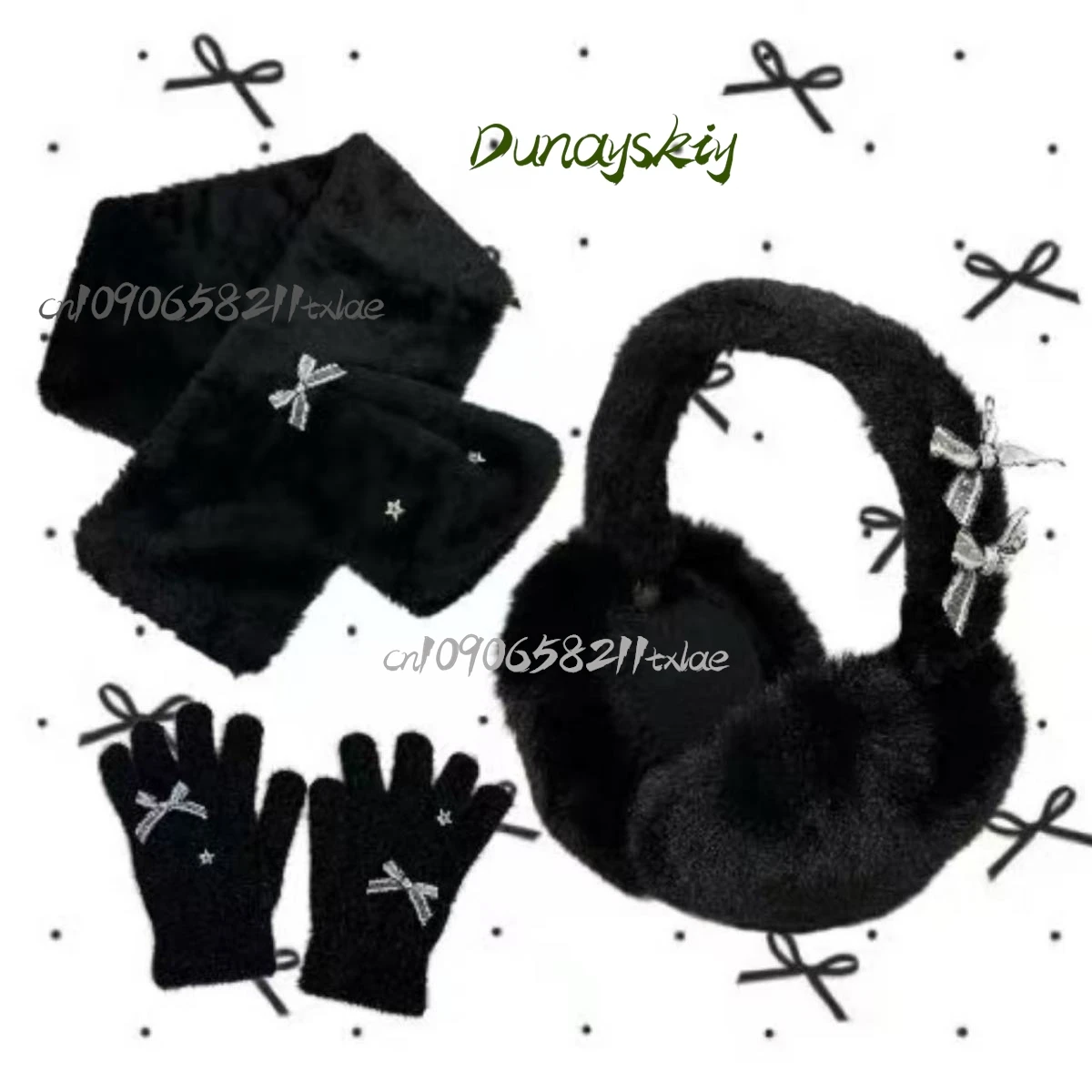 Jirai Kei Japanische Punk Dark Girls Cosplay Requisiten Winter Warm Schwarz Plüsch Schleife Ohrenschützer Handschuhe Schals Täglich Lolita Party Frauen