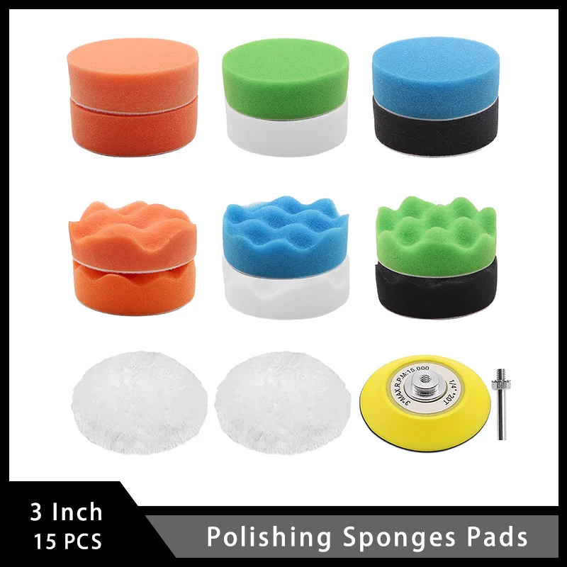 3 Inch Polishing Sponges Pads 15 Pcs with Wool Polishing Pads Sanding Plates for Grinding Cleaning and Improving Car Lightness