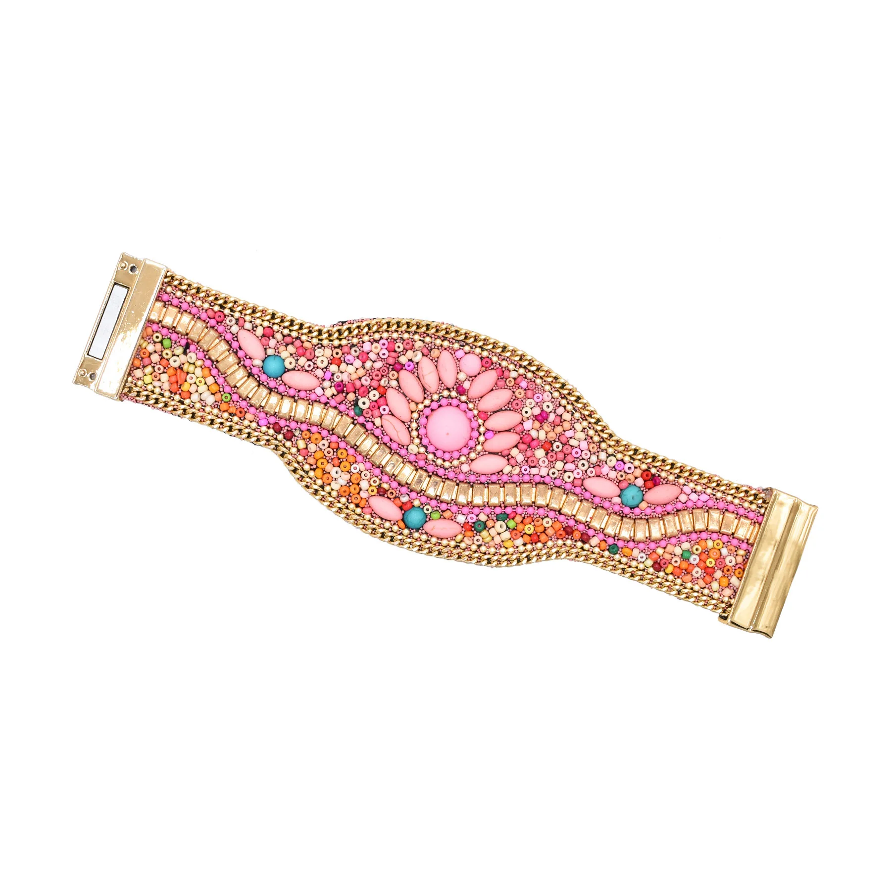 Ethnic Wind Magnetic Suction Buckle Bracelet Bohemian Handmade Crushed Stone Rice Beads Retro Elastic Jewelry Travel Photography