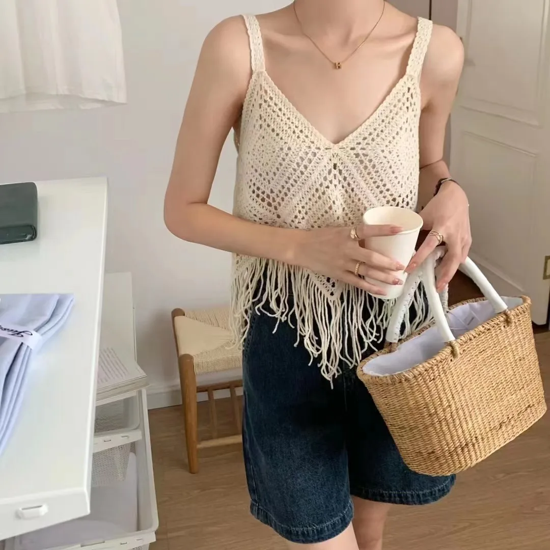 Crochet Knit Sleeveless Top with Fringe Hem Women Open Stitch Strappy Camis Crop Tank Top Spring Summer 2026 Boho Beach Cover-up