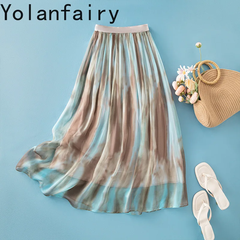 YOLANFAIRY 100% Real Mulberry Silk Skirts Woman 2026 High Waist Printed Skirt Women's Clothes Elegant A-line Skirt Faldas Largas