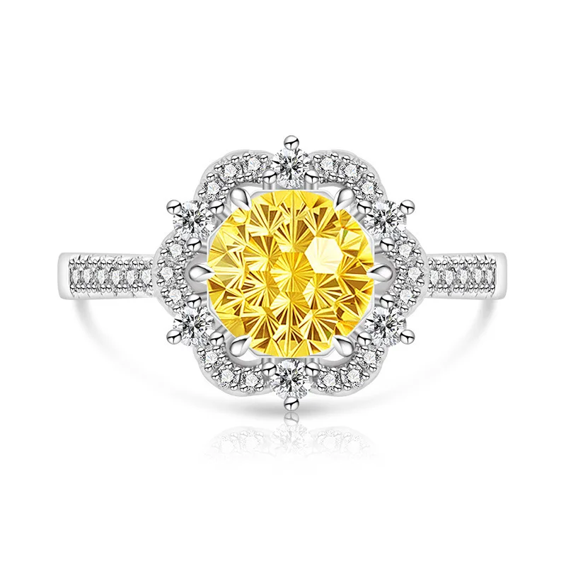 925 Sterling Silver Bright Millennium Cut High Carbon Diamond Plum Blossom Crown Ring Ladies Glamour Jewelry