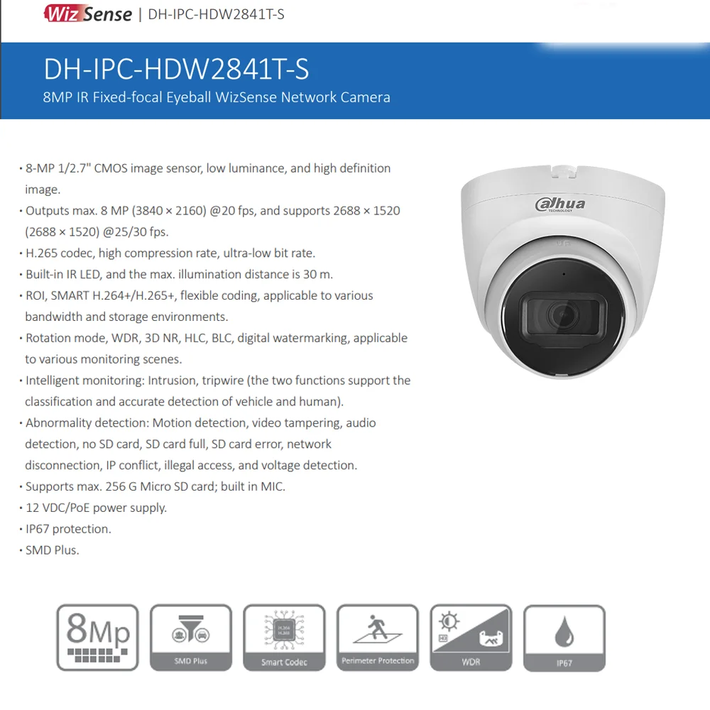 Dahua IP Camera IPC-HDW2841T-S 8MP IR Fixed-focal WizSense POE Built in MIC SD Card Slot Original Upgrade Video Surveillance