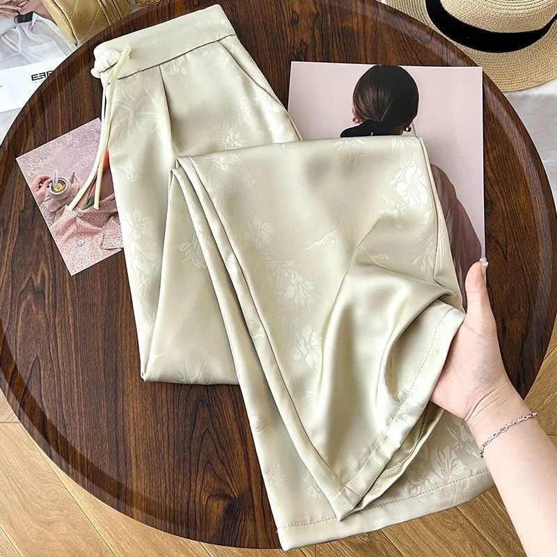 Women's Light Green Floral Embossed Wide-Leg Pants Drawstring Waist Elegant Casual Trousers