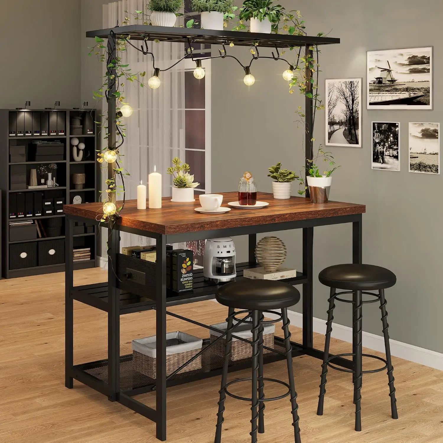 Kitchen Island 47" Storage Power Outlet Bakers Rack Microwave Stand 5 Hooks Industrial Coffee Bar Dining Living Room, Customized image 2