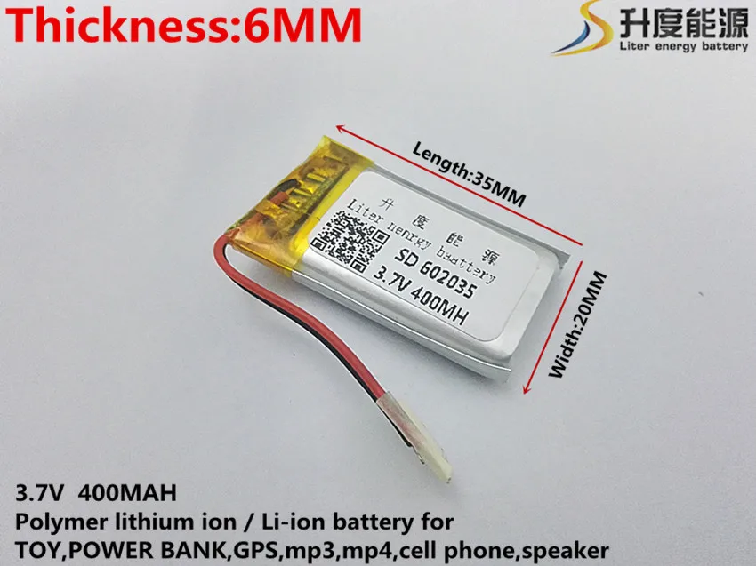 (1pieces/lot) 602035 400 mah 3.7V lithium-ion polymer battery quality goods quality of CE FCC ROHS certification authority