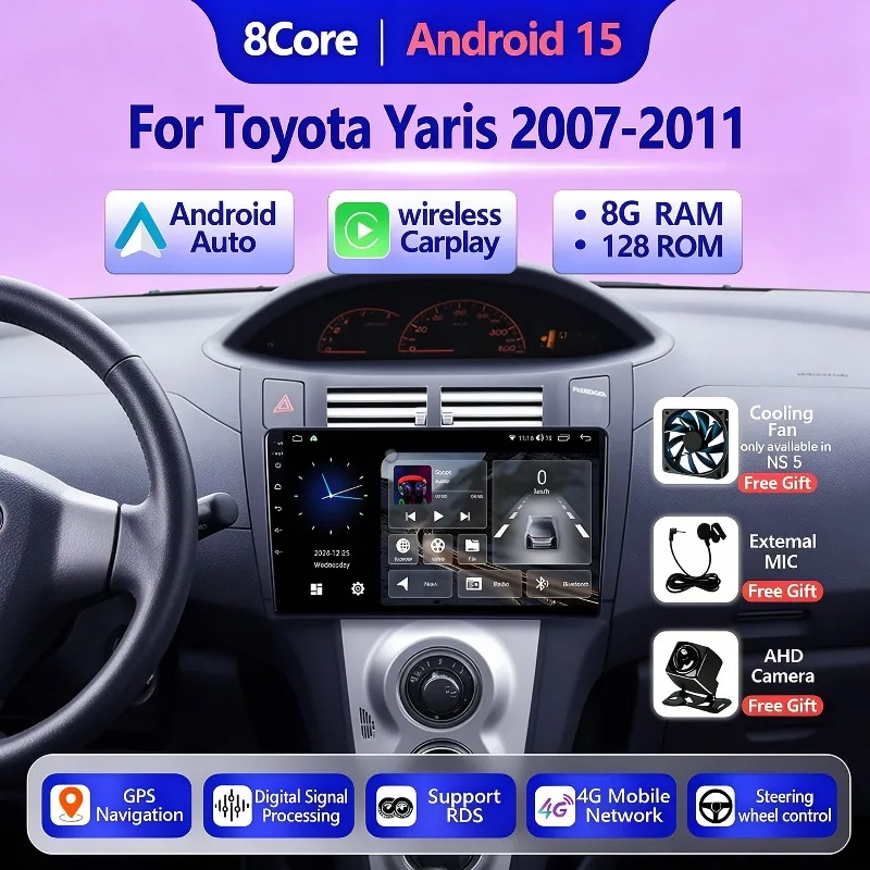 Android15 Car Radio For Toyota Yaris 2007 - 2011 Wireless Carplay GPS Navigation Multimedia Video Player Stereo Head Unit 4G