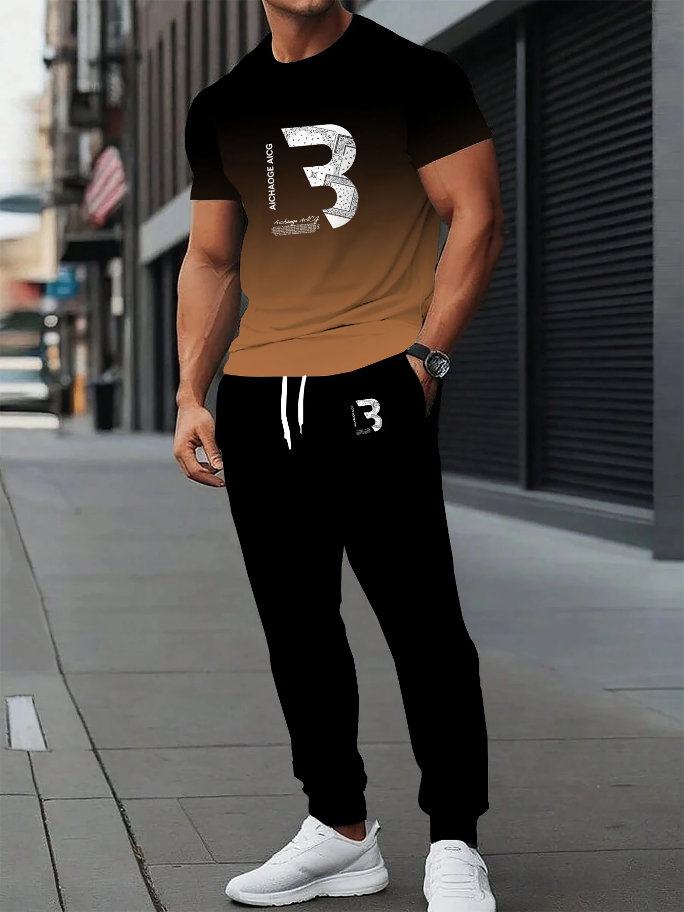 

Summer new men's casual sports suit breathable quick drying polyester fiber round neck T-shirt and pants 2-piece set