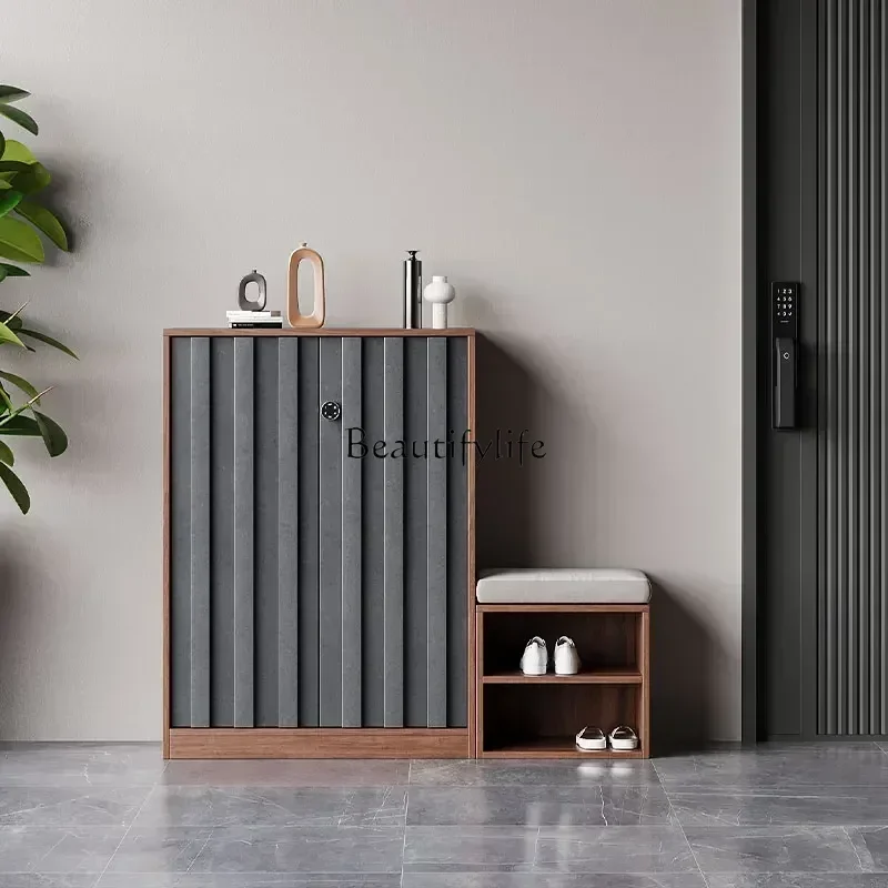 

44Chinese solid wood shoe cabinet aisle at the door of the home elevator entrance with shoe change stool customizable locker