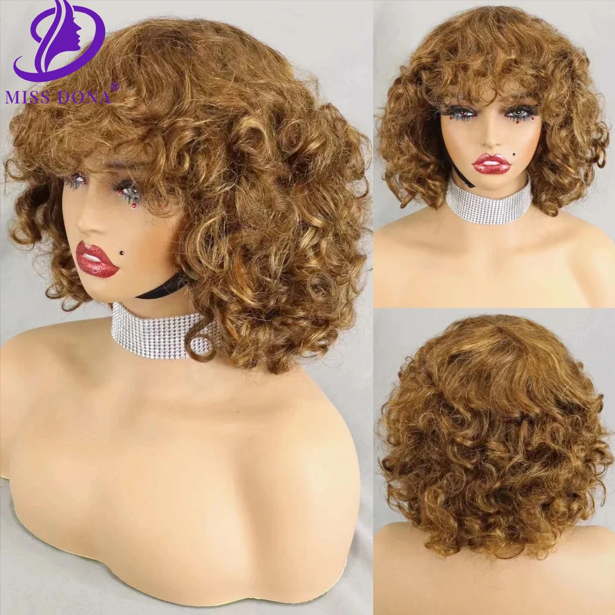 

Loose Curly Bob Human Hair Wigs with Bangs 200% Density Machine Made Highlighted 4/30 Bouncy Curly PrePlucked for Women